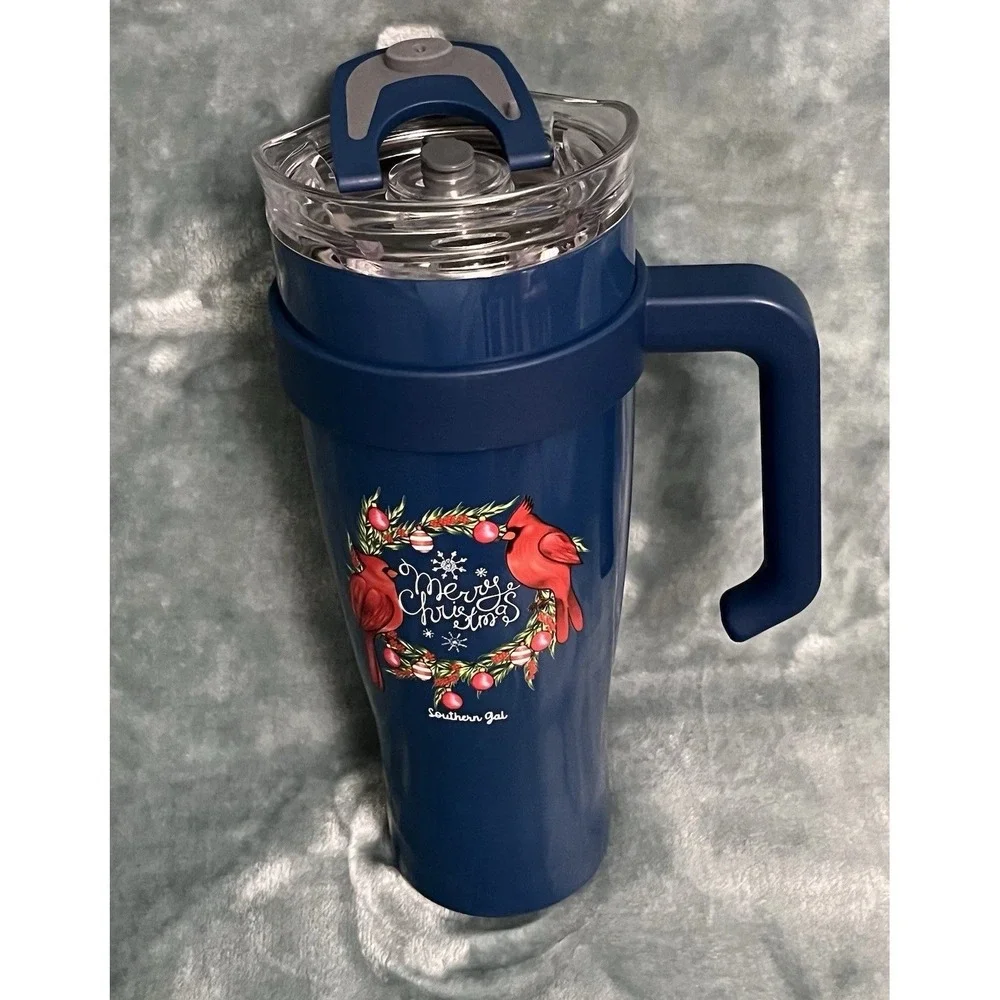 40oz Southern Gal Navy Blue Tumbler Cup Merry Christmas Wreath Cardinals‎